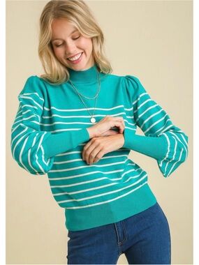 Umgee Teal & White Striped Mock Neck Puff-Sleeve Sweater